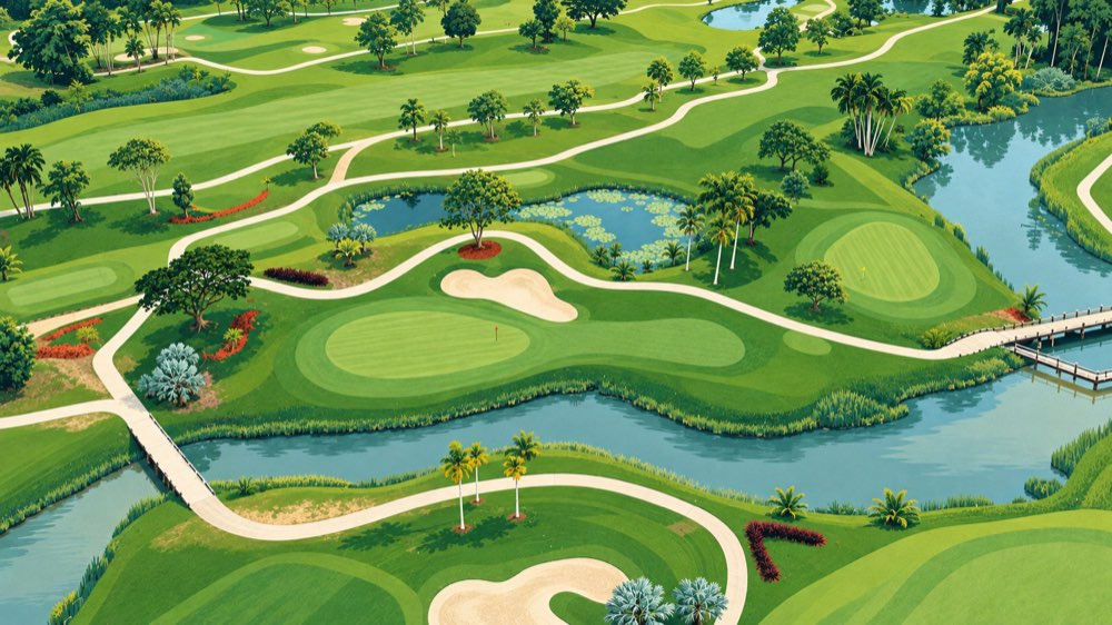 Illustrated golf course at Sarawak Club in Kuching, with tropical fairways and water features